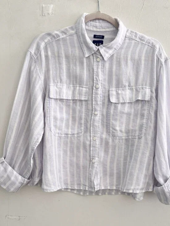 NEW Gap 100% Linen Cropped Shirt Button Up Womens S Blue White Stripe Boxy SMALL - Picture 3 of 7